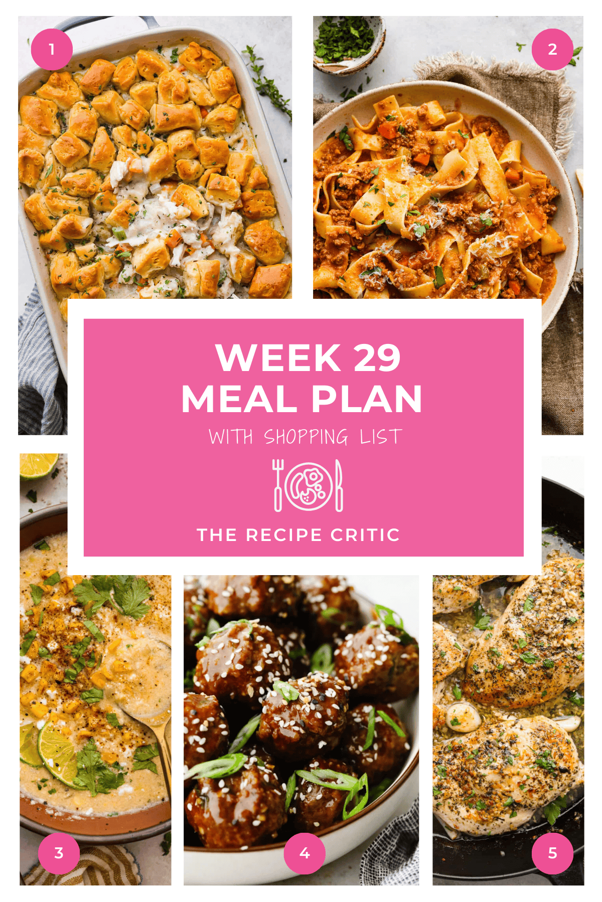 A collage of 5 recipe photos with a graphic that says "week 29 meal plan with shopping list" 
