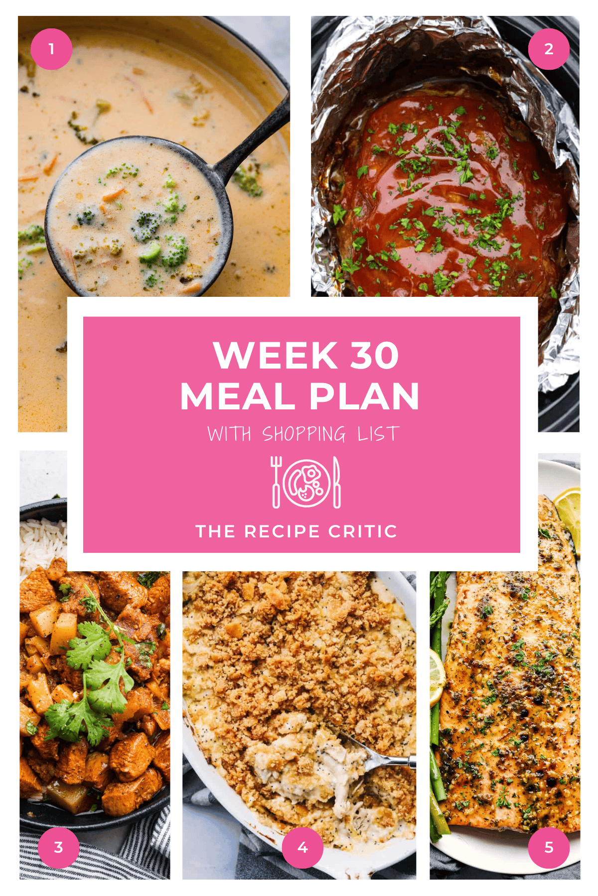 A collage of 5 recipe photos with a graphic that says "week 30 meal plan with shopping list" 