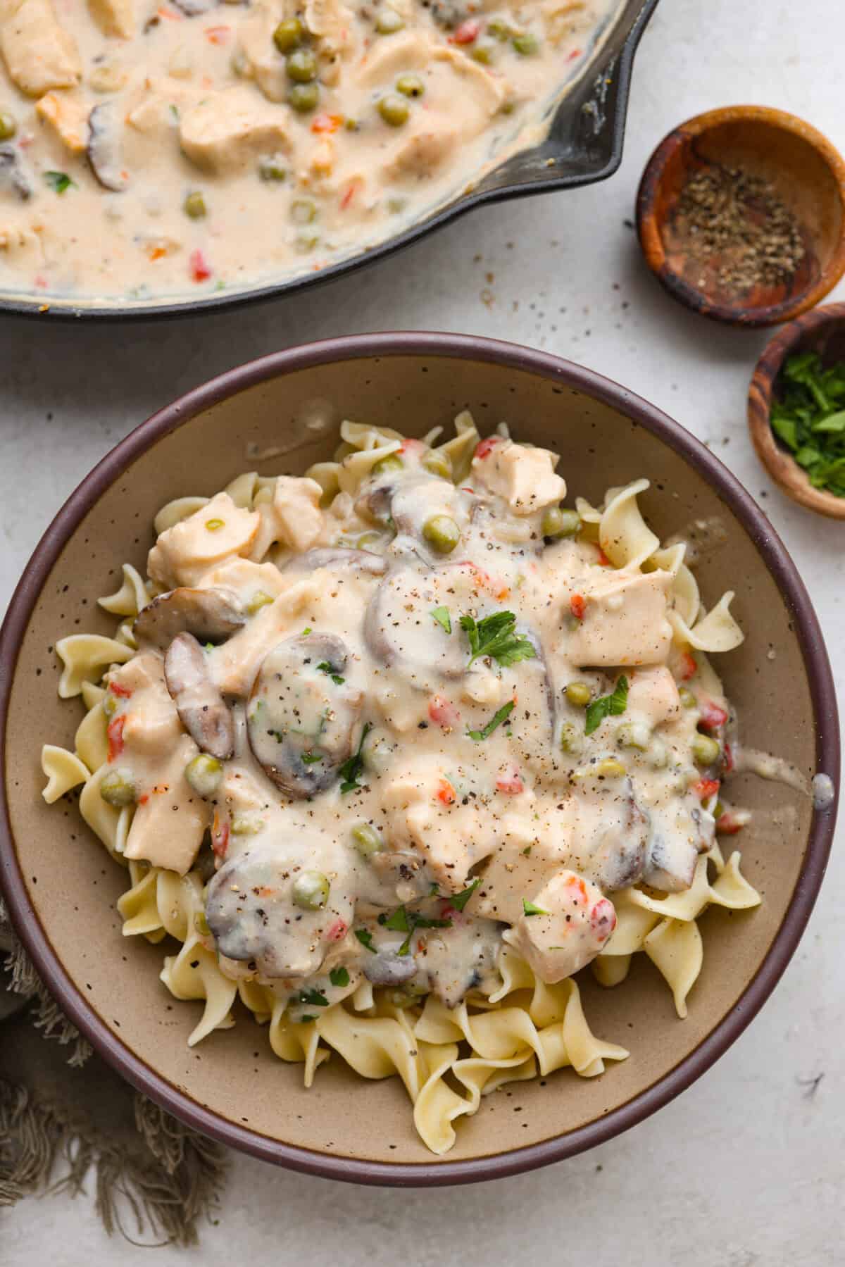Chicken a la king is a timeless recipe that’s perfect for cozy dinners! This classic dish features tender chicken and veggies in a rich, creamy gravy-like sauce loaded with savory flavor. Overhead shot of plated chicken a la king over noodles.