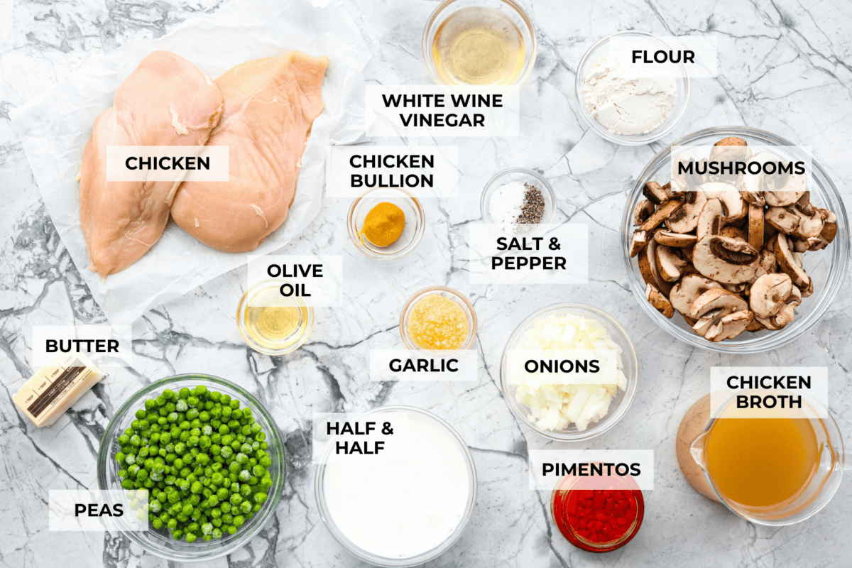 Chicken a la king is a timeless recipe that’s perfect for cozy dinners! This classic dish features tender chicken and veggies in a rich, creamy gravy-like sauce loaded with savory flavor. Overhead shot of labeled ingredients.