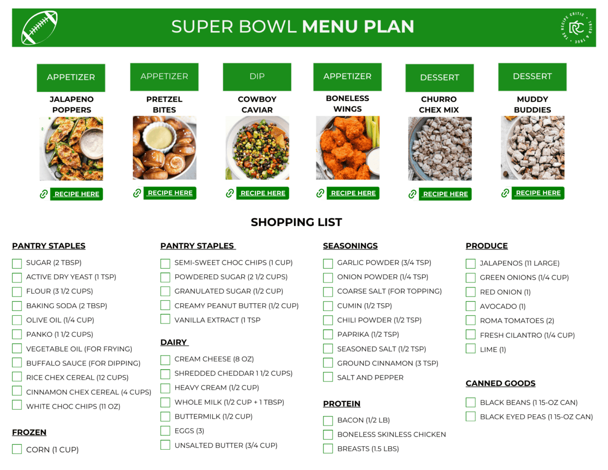 Alright, friends, I’ve got the ultimate Super Bowl spread ready! Whether you’re here for the game or the food (let’s be real, it’s all about the snacks), this menu’s got you covered. A pdf of a meal plan and shopping list.