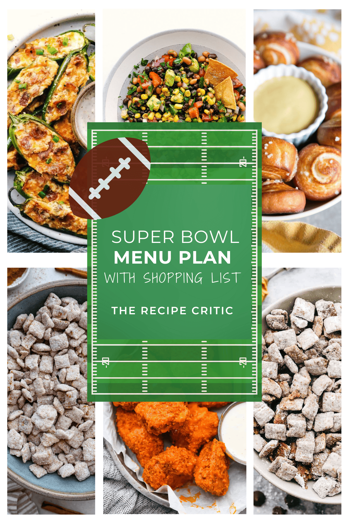 Alright, friends, I’ve got the ultimate Super Bowl spread ready! Whether you’re here for the game or the food (let’s be real, it’s all about the snacks), this menu’s got you covered. A collage of 6 photos and a graphic that says super bowl menu plan with shopping list.