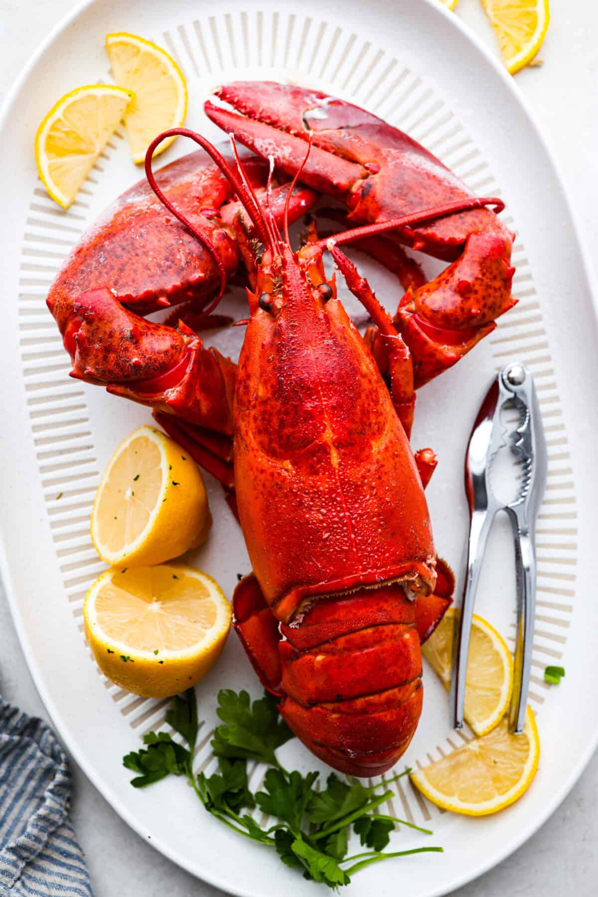 Learn how to boil lobster and enjoy this simple and delicious seafood delicacy. With a few basic steps, you'll have perfectly cooked, tender lobster in just 20 minutes! Serve it with melted butter and your favorite sides. Overhead shot of a whole, cooked lobster on a plate with lemon wedges and a lobster cracker.