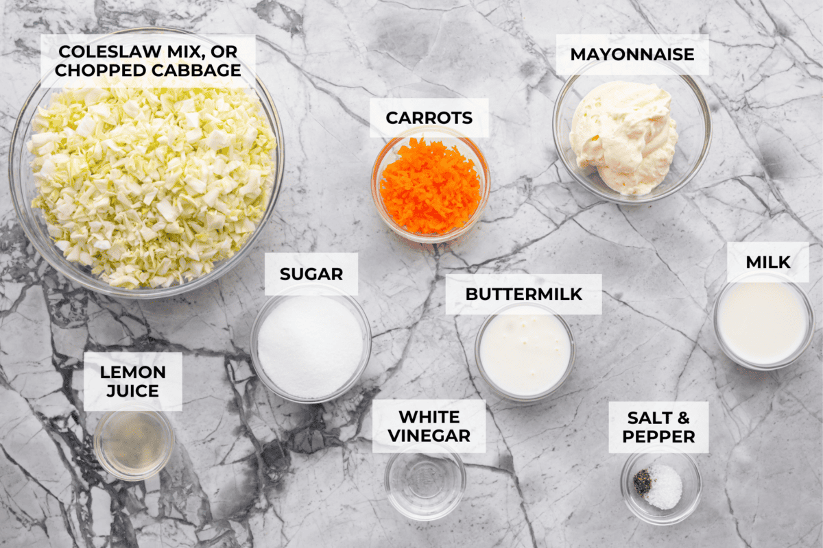 My Copycat KFC Coleslaw is so spot-on, you’ll think it’s the real deal! Crunchy, creamy, tangy, and perfect for any BBQ, everyone will want the recipe! Overhead shot of labeled ingredients.