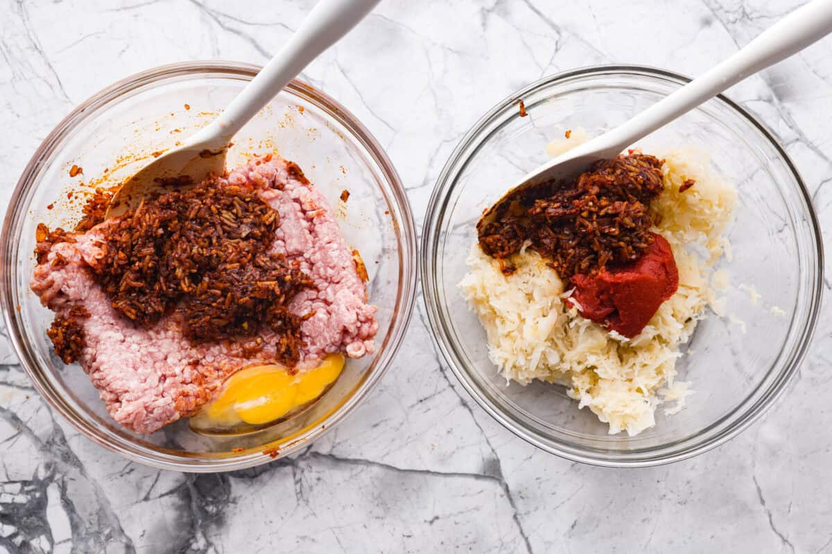 Hungarian cabbage rolls are packed with rich, hearty flavors in every bite! I know you love a good cabbage roll and can’t get enough of my Hungarian goulash, so I knew this recipe would be perfect. Overhead shot of two mixing bowls with different ingredients in each.