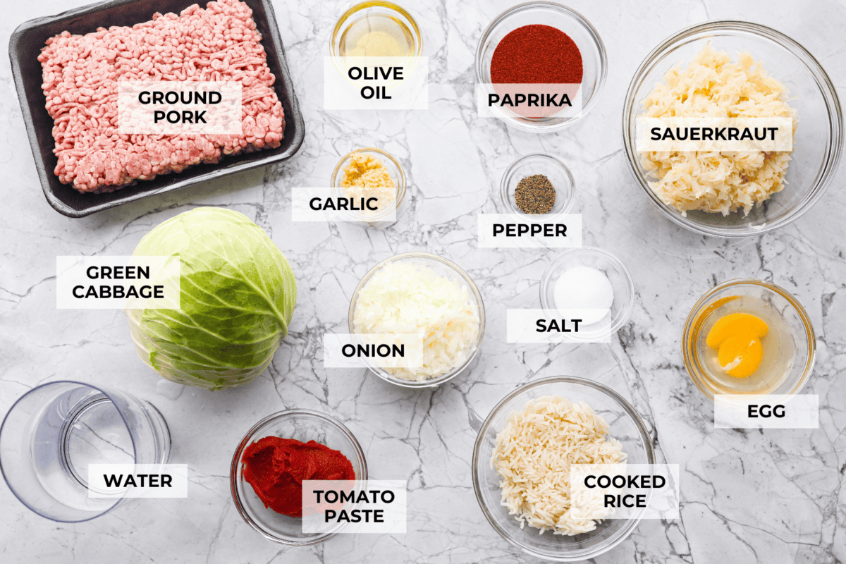 Hungarian cabbage rolls are packed with rich, hearty flavors in every bite! I know you love a good cabbage roll and can’t get enough of my Hungarian goulash, so I knew this recipe would be perfect. Overhead shot of labeled Hungarian cabbage roll ingredients.