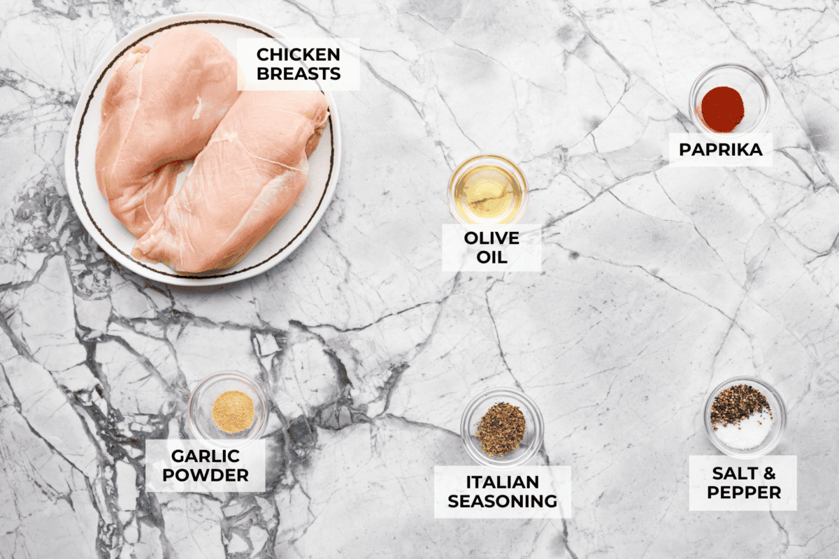 Overhead shot of labeled ingredients.