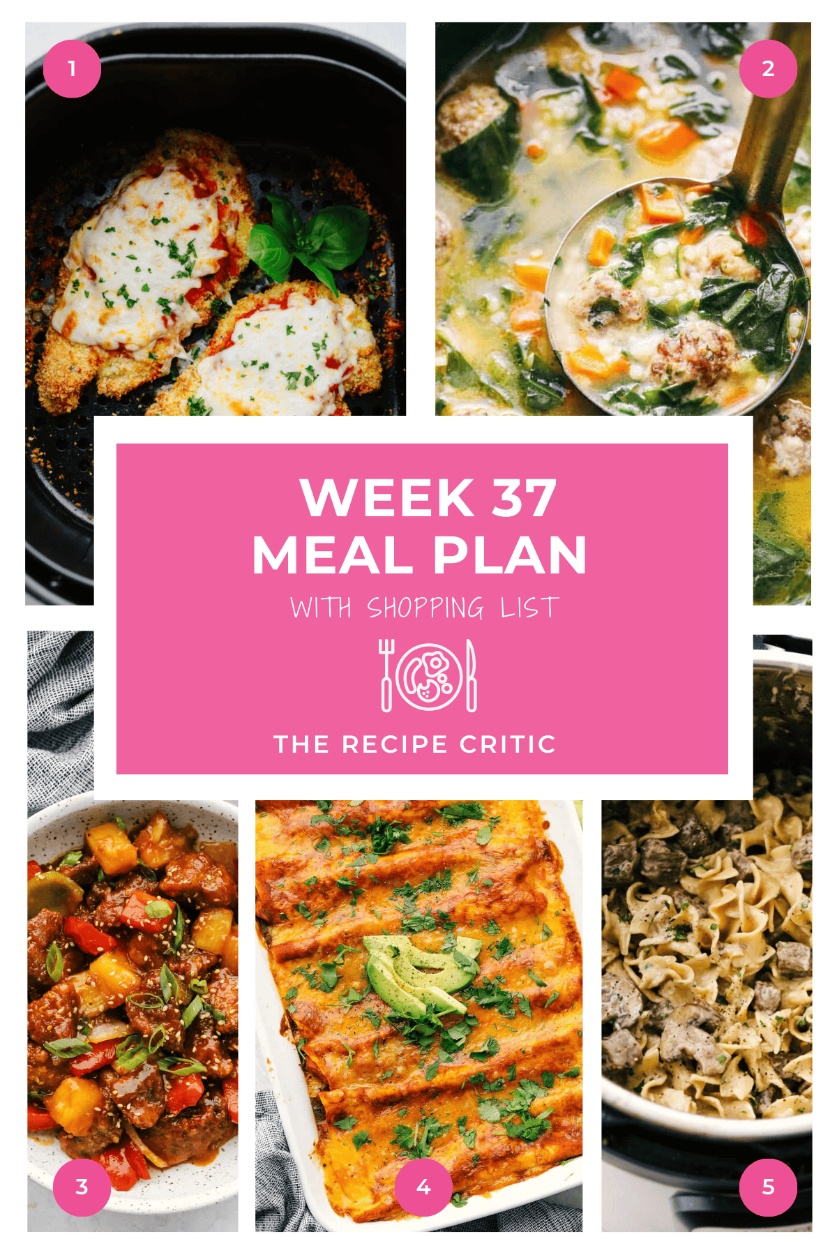 Looking for some tasty meals everyone in the family will actually eat? These 5 easy recipes are super yummy and perfect for busy nights! A collage of 5 recipe photos with a graphic that says "week 37 meal plan with shopping list"