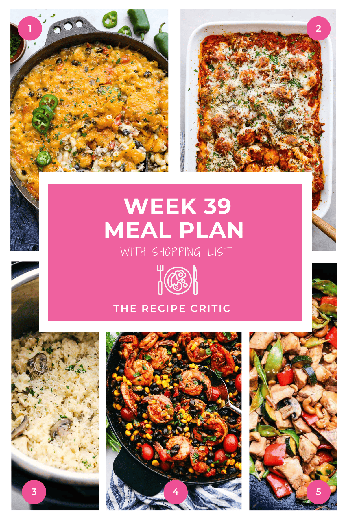 Don't forget that all of my meal plans come with a free shopping list! It makes your life so easy and when you see whats on the menu this week, you will want to come back to this again and again. A collage of 5 images and a graphic that says week 39 meal plpan with shopping list.