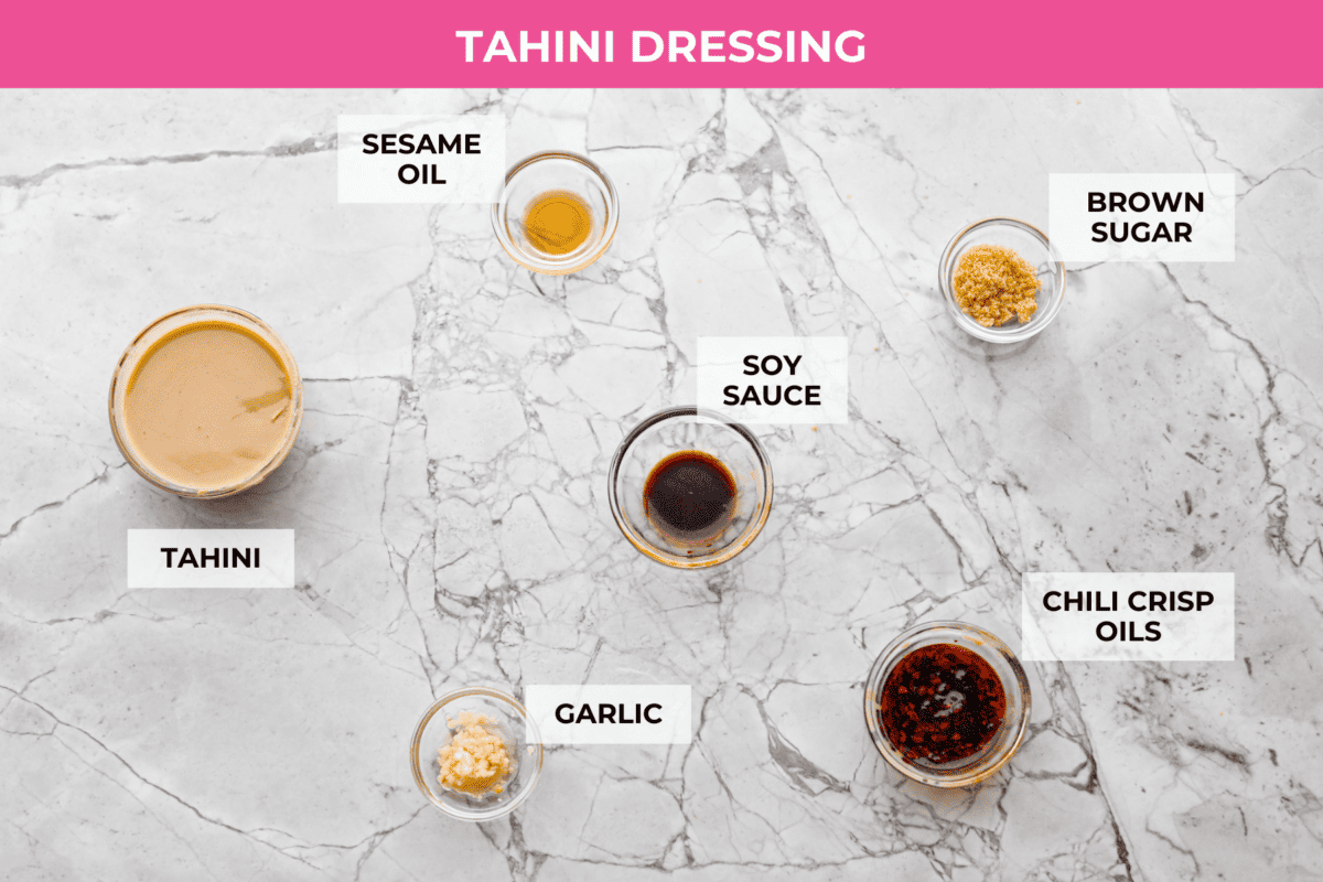 This trendy Crispy rice salad is a perfect mix of crunch, freshness, and bold flavor! Golden rice, vibrant veggies, and a creamy dressing make every bite irresistible. Overhead shot of labeled tahini dressing ingredients.