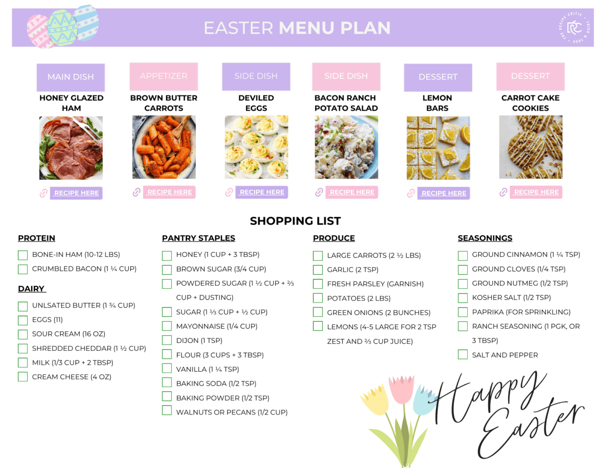 Easter is one of my favorite holidays to cook for—ham, veggies, and all the fun egg dishes! This menu plan makes it super easy, so you can enjoy the day without the stress. A pdf Easter menu shopping list.