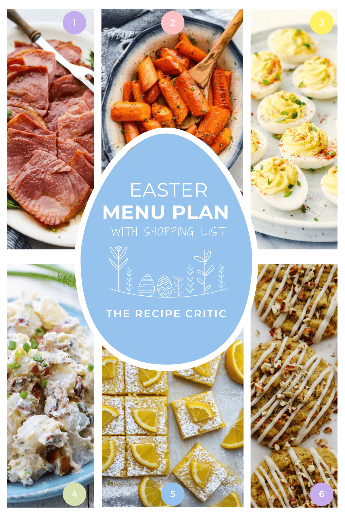 Easter is one of my favorite holidays to cook for—ham, veggies, and all the fun egg dishes! This menu plan makes it super easy, so you can enjoy the day without the stress. A collage with 6 Easter recipes and a graphic that says Easter menu plan with shopping list.