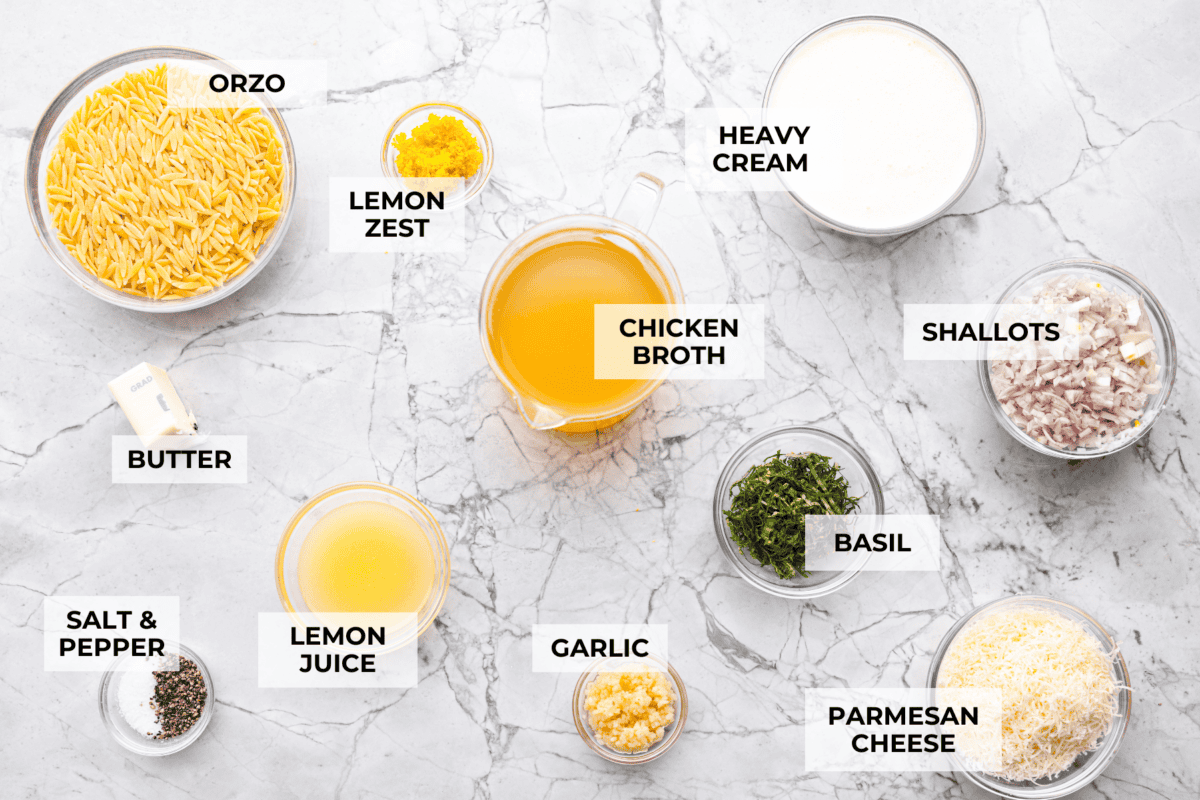Fresh lemons make me so happy! They’re bright, cheerful, and lift me out of the winter rut. Add that citrusy sunshine to a creamy pasta, and you get this dreamy Creamy Lemon Orzo! Simple, rich, and bursting with feel-good flavor. Overhead shot of labeled ingredients.