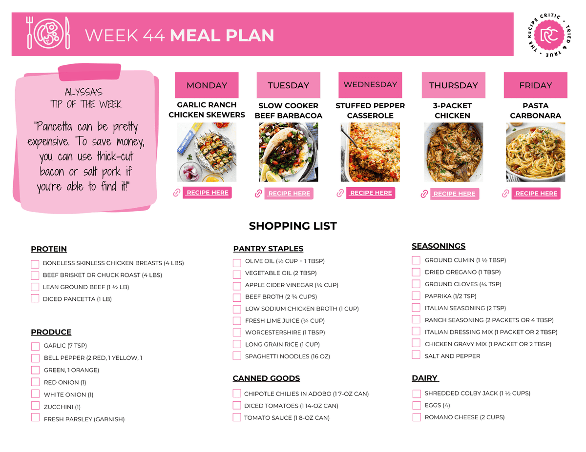 A pdf of a shopping list and meal plan