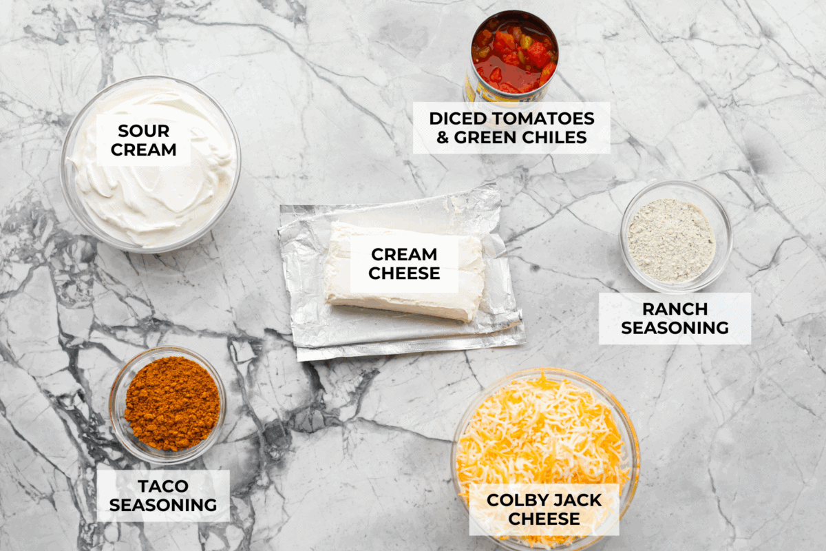 Overhead shot of labeled ingredients. 