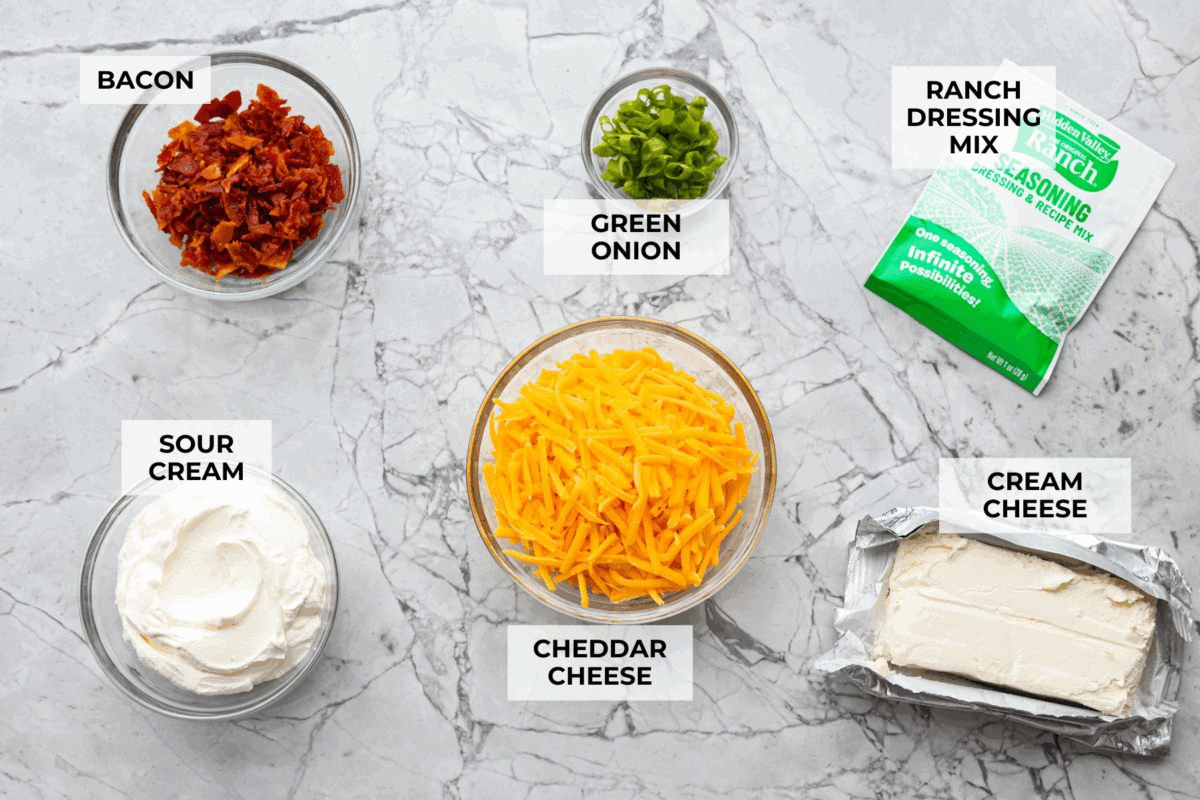 Overhead shot of labeled crack dip ingredients. 