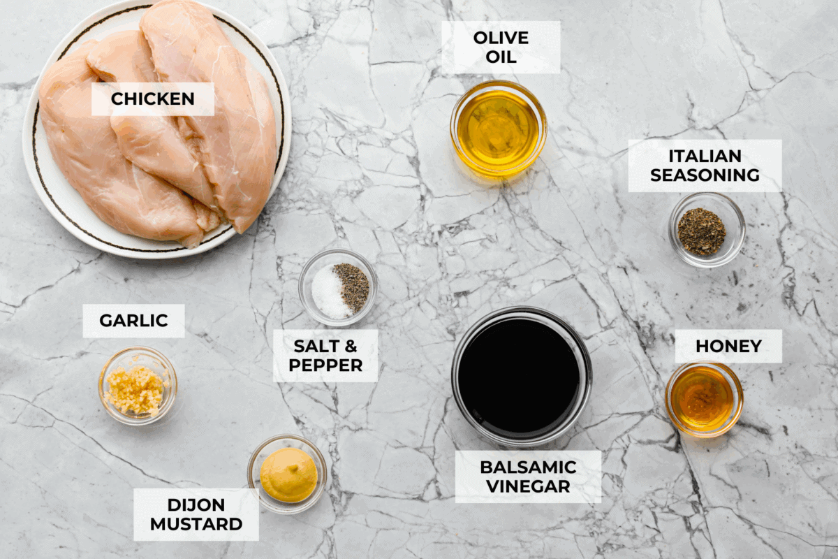I’ve been on a balsamic kick lately. Drizzling it on salads, veggies, and even watermelon! But this Balsamic Chicken marinade is pure magic. It’s tangy, a little sweet, and somehow makes everyday chicken taste incredible! Overhead shot of labeled ingredients.