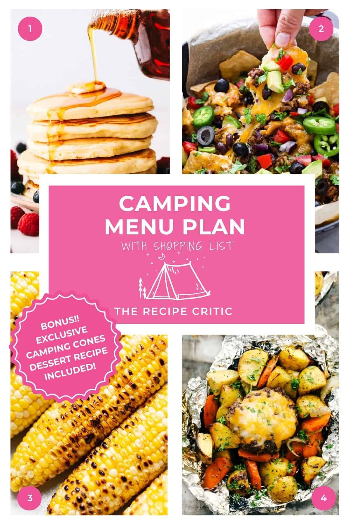 This week, we’re trading kitchen counters for picnic tables and stovetops for open flames. Whether you're camping deep in the woods or just backyard glamping, this camp menu is filled with simple, comforting favorites Collage of the different pictures of what is on the camping menu