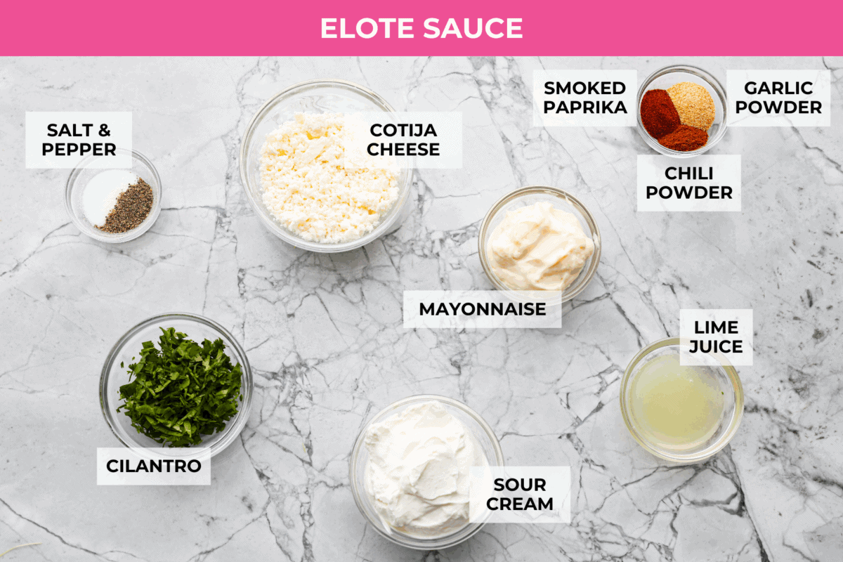Overhead shot of labeled elote sauce ingredients. 