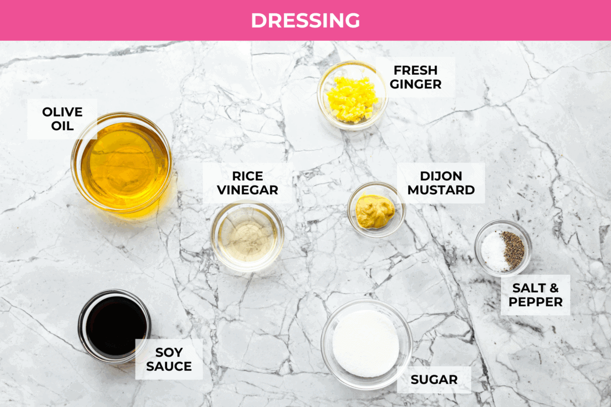 Overhead shot of labeled dressing ingredients. 