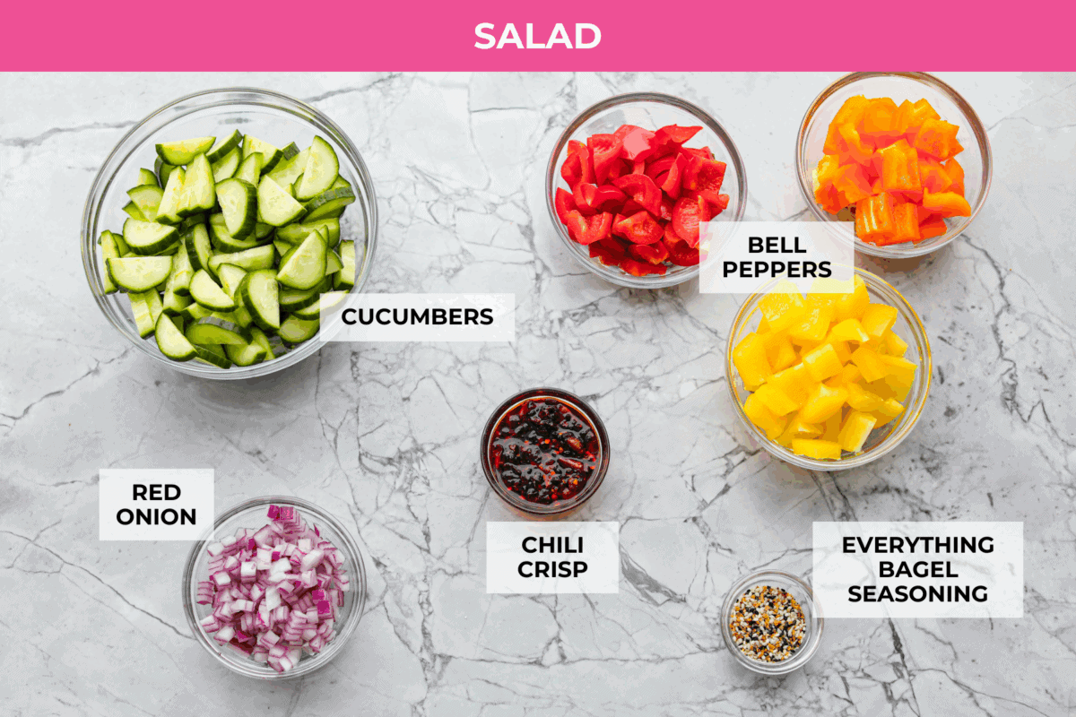 Overhead shot of labeled cucumber and bell pepper salad ingredients. 