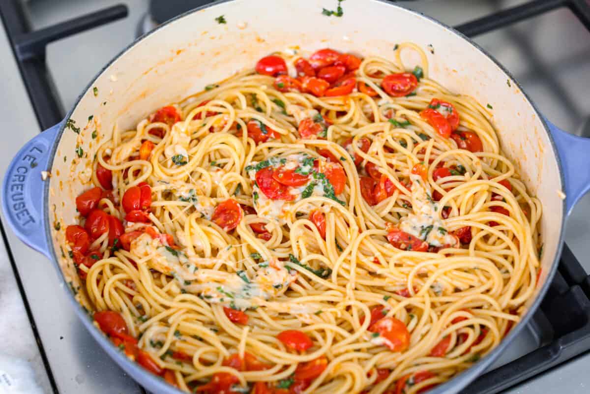 Cheese and all ingredients stirred together in the skillet. 