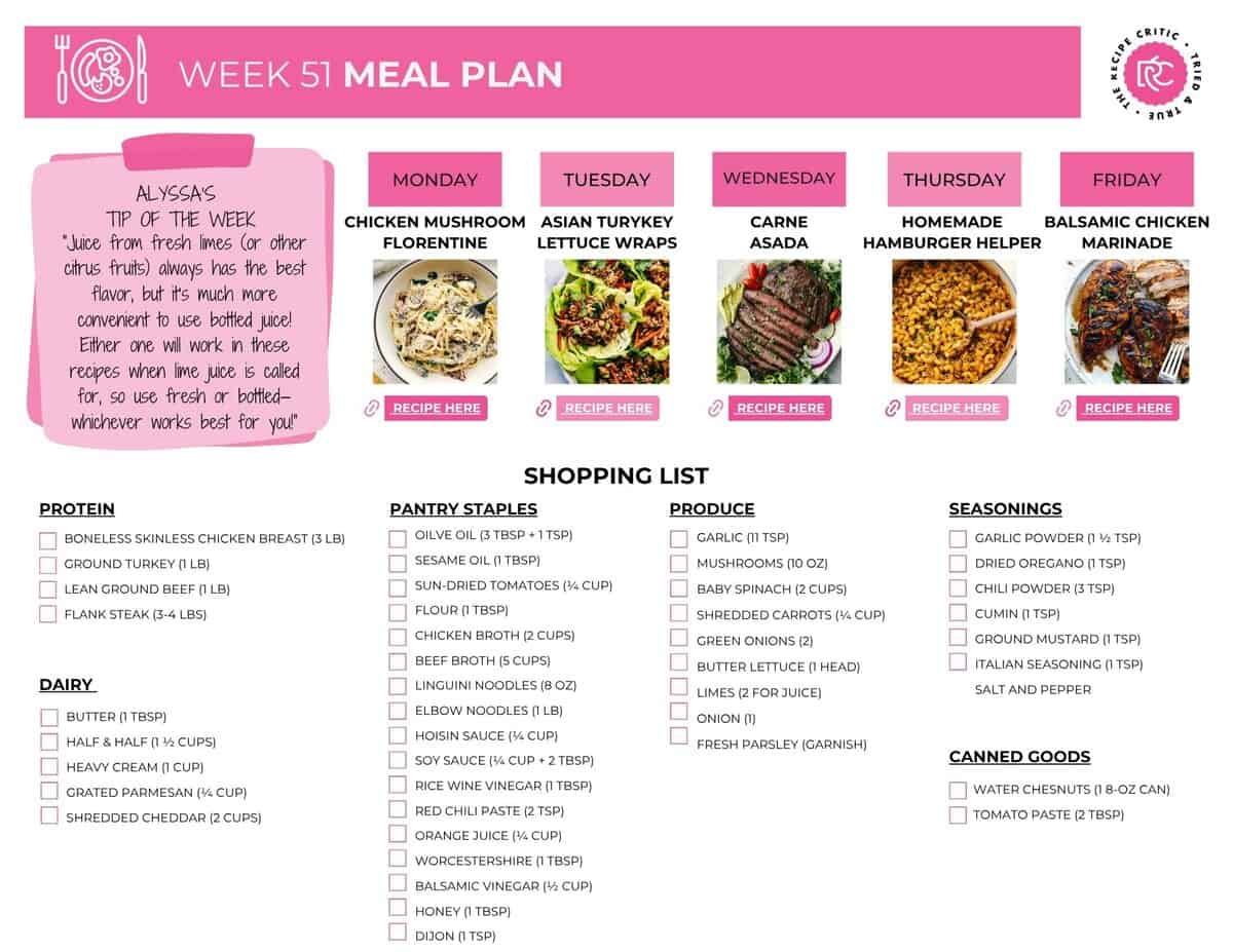 If dinner's got you stumped again, this weekly meal plan will make things super easy! Simple meals, tasty flavors, and a few shortcuts that feel like a win. Image of the shopping list with helpful tip for the weekly meal plan.
