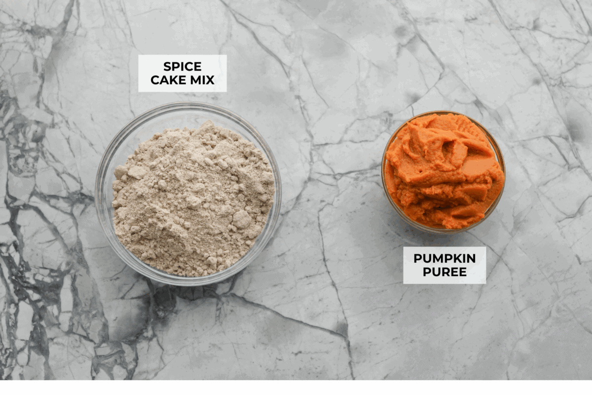 Overhead shot of labeled ingredients. 