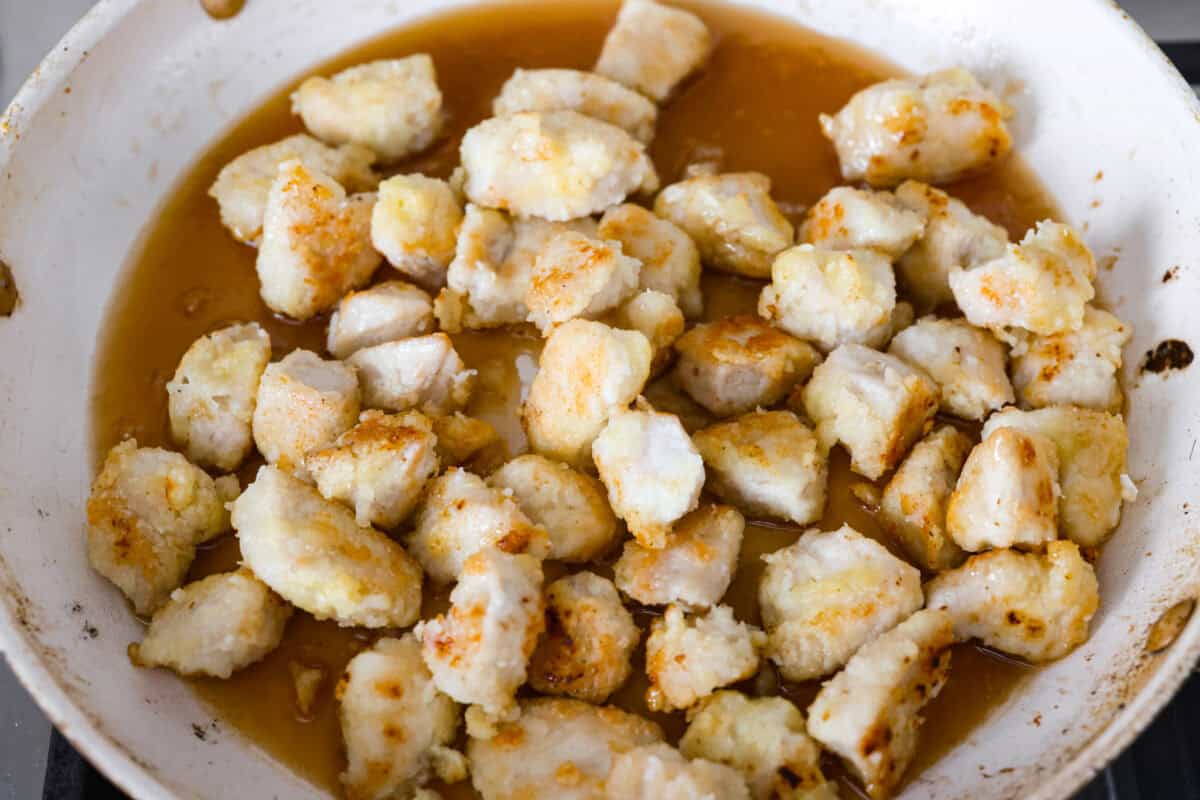 Chicken added back to the pan with the sauce. 