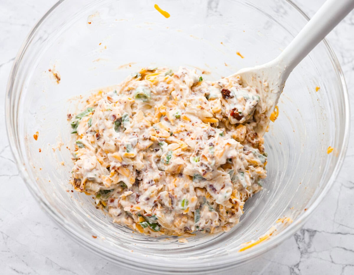 Million Dollar Dip, also known as the famous Neiman Marcus Dip, is creamy, cheesy, and loaded with almonds, green onions, and bacon. It’s the ultimate appetizer that everyone asks for the recipe. Ingredients all mixed together in a bowl.