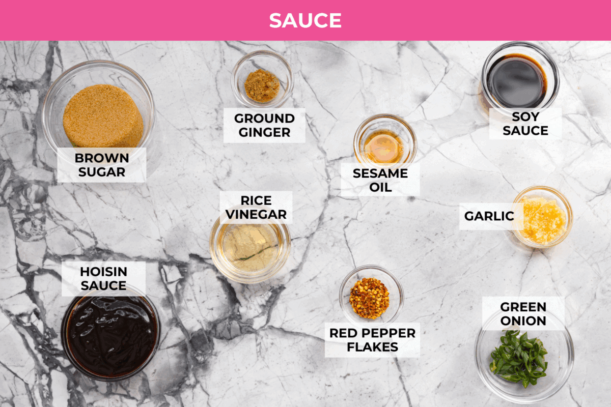 Skip the takeout and make this easy baked General Tso’s chicken at home! It’s crispy, saucy, and perfectly sweet with just the right amount of heat, no deep fryer required. Overhead shot of labeled sauce ingredients.