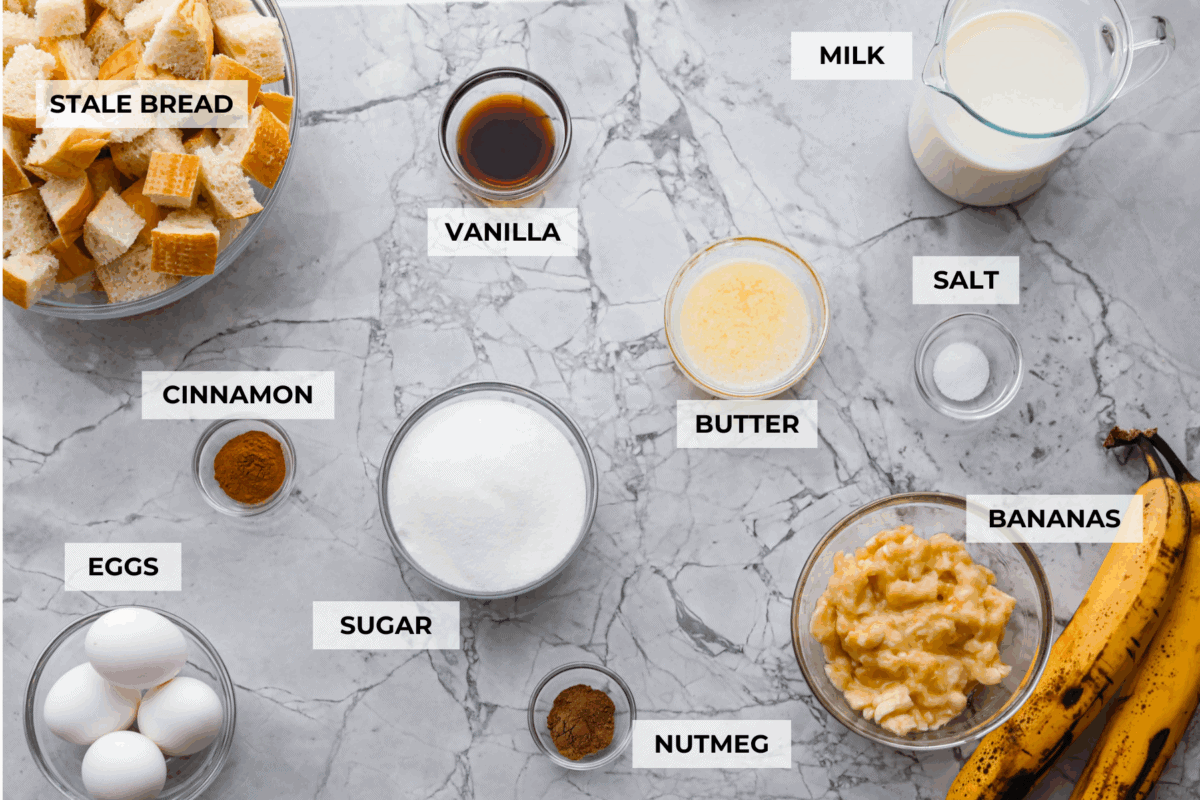 If you love classic bread pudding, you’ve got to try banana bread pudding. Sweet banana flavor, a soft custardy center, and golden edges that taste like heaven. It’s easy to throw together and is perfect for brunch or even dessert! Overhead shot of labeled ingredients.