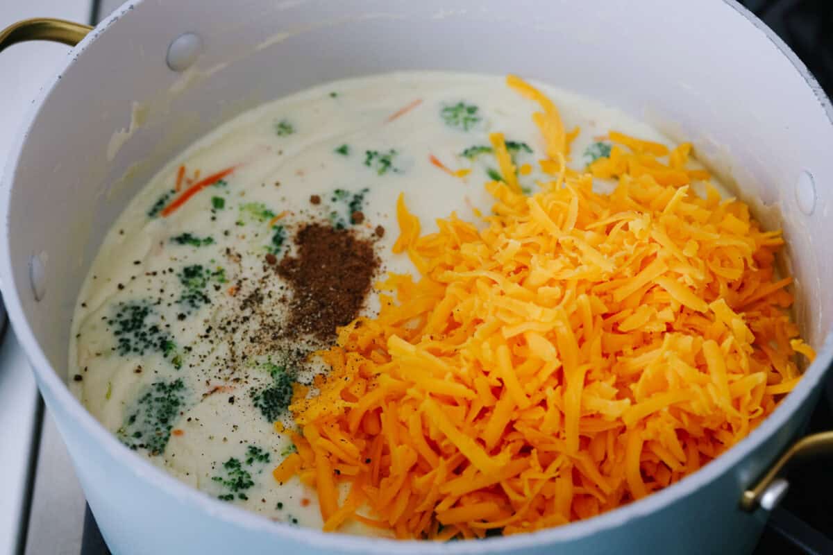 Cheese and seasonings added to the soup.