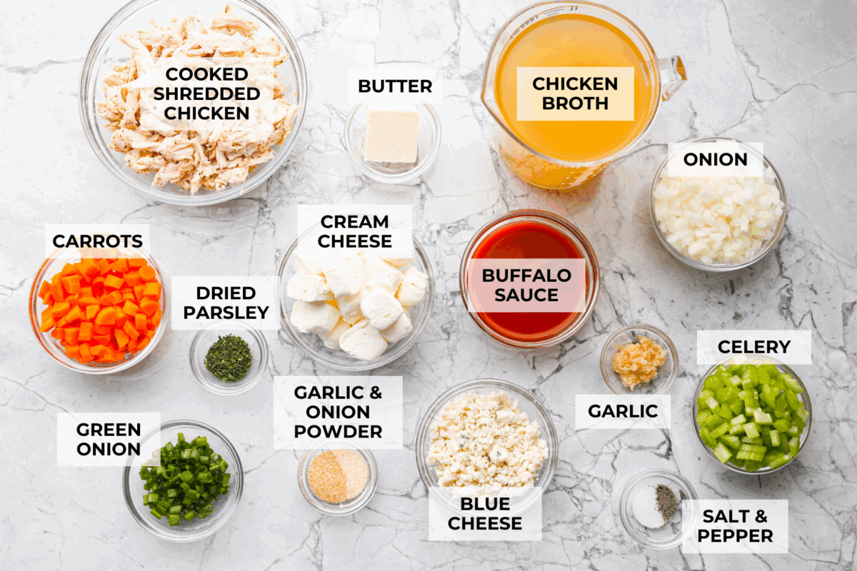 Overhead shot of labeled ingredients.