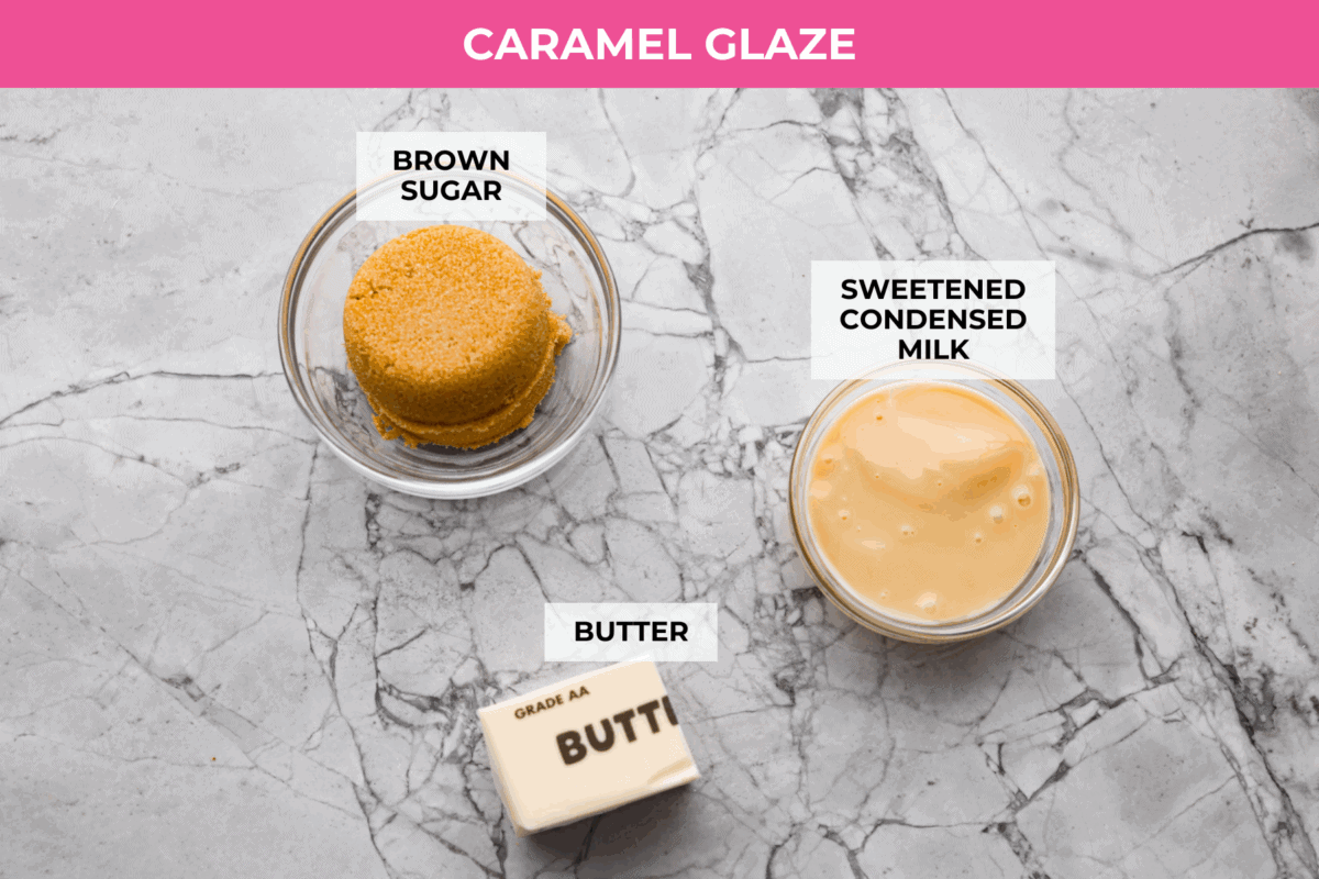 These Caramel Apple Cinnamon Rolls are soft, gooey, and baked with cozy fall flavor in every bite. The homemade dough bakes up perfectly fluffy, and the rich caramel topping makes them feel extra special. Overhead shot of labeled caramel glaze ingredients.