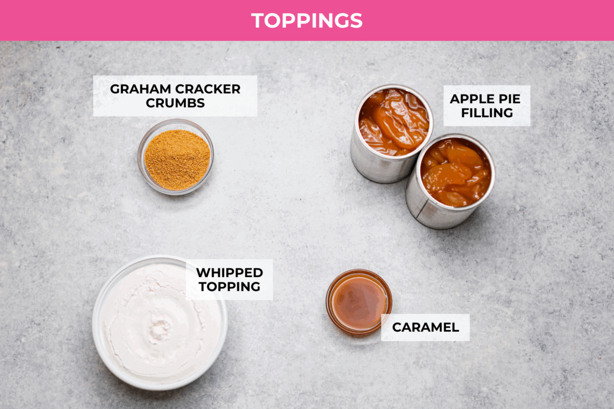 Caramel Apple Pie Lush is the easiest fall dessert you’ll ever make! With layers of buttery crust, creamy cheesecake, spiced apples, caramel, and whipped topping, it’s a yummy fall treat that is so much easier than baking a pie from scratch! Overhead shot of the labeled ingredients for the topping layer.