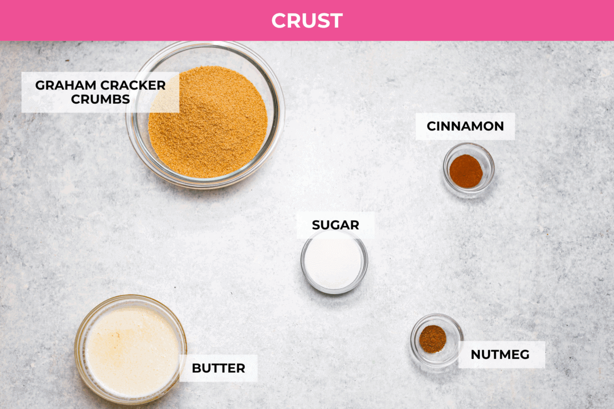 Caramel Apple Pie Lush is the easiest fall dessert you’ll ever make! With layers of buttery crust, creamy cheesecake, spiced apples, caramel, and whipped topping, it’s a yummy fall treat that is so much easier than baking a pie from scratch! Overhead shot of labeled ingredients for the apple pie lush crust.