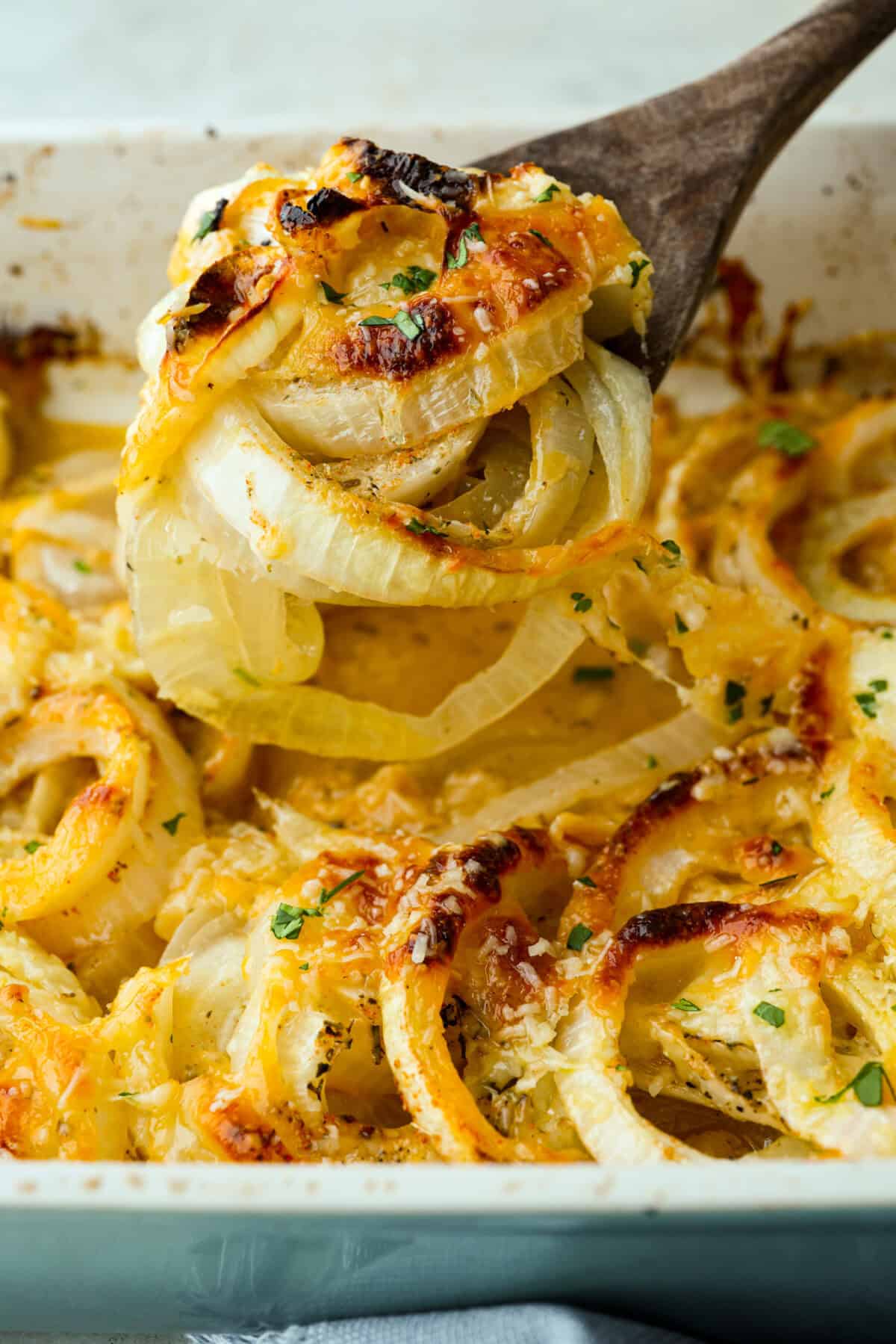 If you’ve never had Tennessee onions, bless your heart! Sweet onions bake in butter and gooey cheese until they’re golden, bubbly, and downright sinful. The perfect side to complement steak, chicken, burgers, or your favorite BBQ. Close up of a scoop of Tennessee onions.