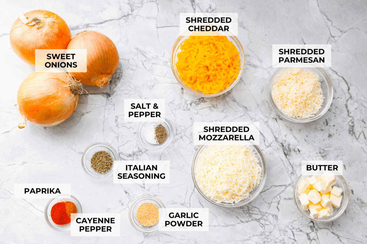 If you’ve never had Tennessee onions, bless your heart! Sweet onions bake in butter and gooey cheese until they’re golden, bubbly, and downright sinful. The perfect side to complement steak, chicken, burgers, or your favorite BBQ. Overhead shot of labeled ingredients.