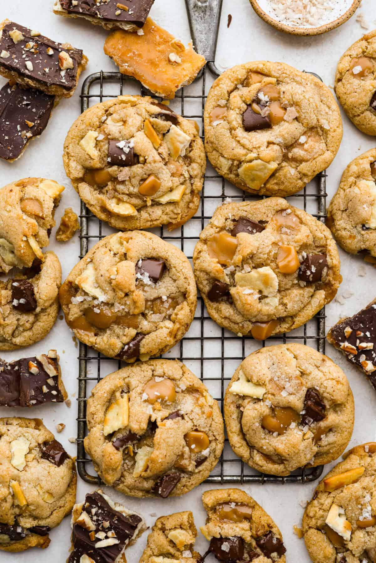 Overhead shot of Christmas crack cookies on a cooling rack. 