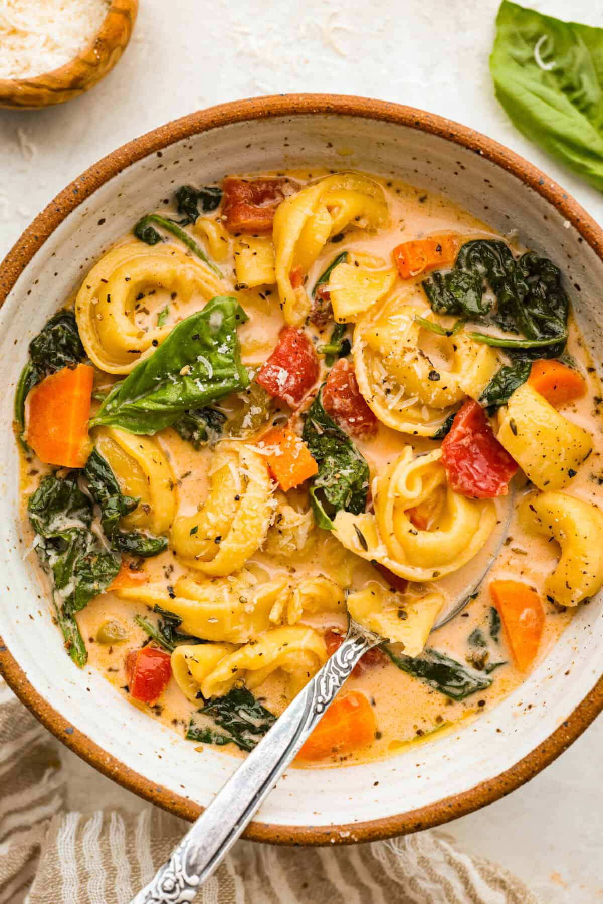 My love of cozy soups kicks in the second summer fades. This creamy tortellini soup gives me all the fall vibes. Fresh veggies, cheesy pasta, and a creamy broth, it's comfort in a bowl. You’ve got to try it today! Bowl of creamy vegetable tortellini soup.