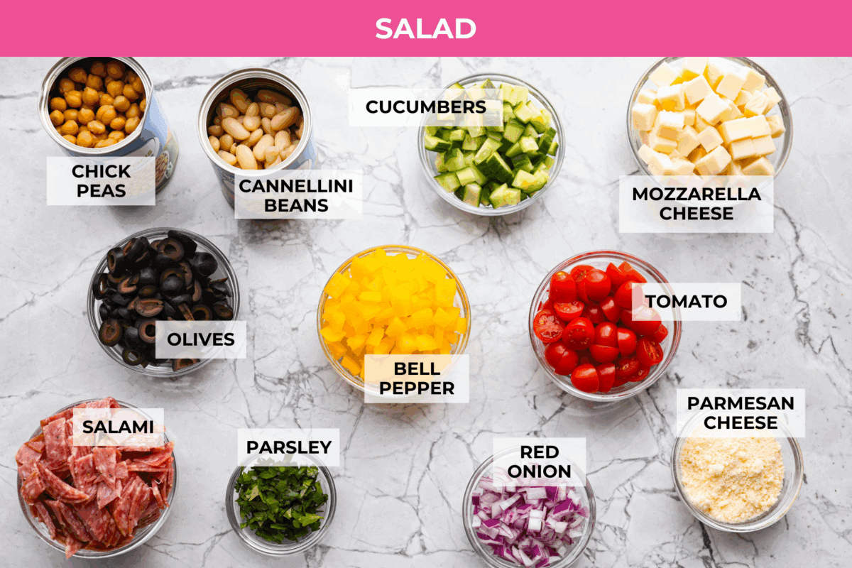 TikTok creator Violet Witchel made this dense bean salad go viral for good reason. It’s simple, high in fiber, protein-packed, and stays delicious for days. My version keeps the same hearty texture and zesty flavor that made her trend explode. Overhead shot of labeled dense bean salad ingredients.