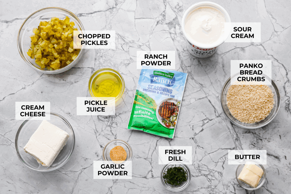 Meet my Fried Pickle Dip...a viral take on my popular pickle dip! The toasted bread crumbs elevate the flavors with the crunchy "fried" texture. Overhead shot of labeled fried pickle dip ingredients.