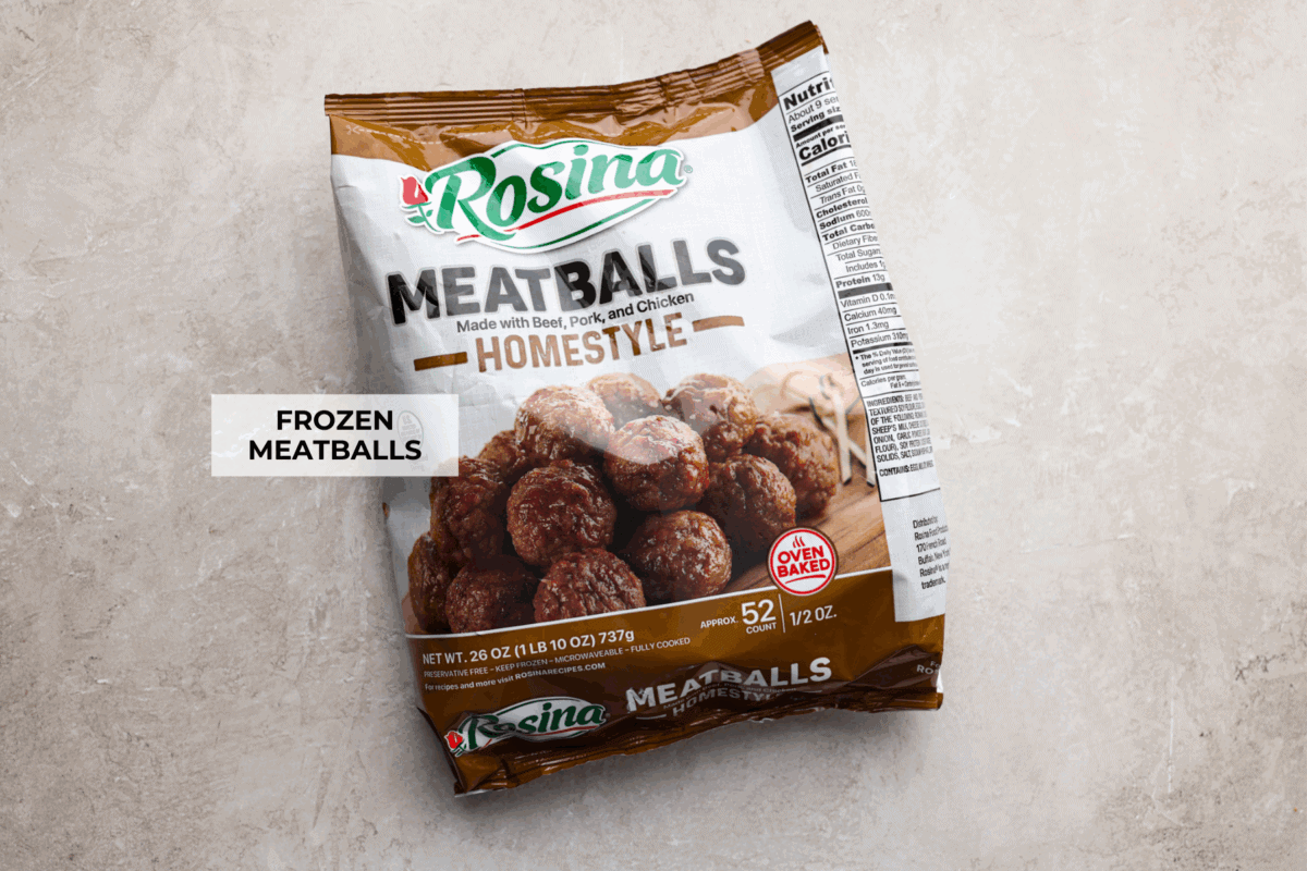 Okay, hear me out, frozen meatballs in the air fryer are a total game-changer. They come out crispy on the outside, juicy on the inside, and taste like you made them from scratch (but without the effort). I use them ALL the time! Overhead shot of labeled ingredients.