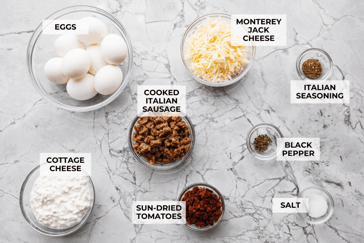 starbucks copycat Overhead shot of labeled Starbucks Italian sausage egg bite copycat ingredients.