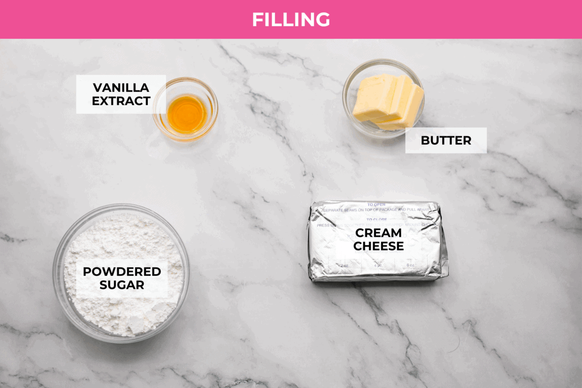 This really is the world’s best pumpkin roll! Soft, moist pumpkin cake wrapped around a sweet cream cheese filling and finished with a dusting of powdered sugar, it’s pure fall magic. The best part? It’s surprisingly easy to make. Overhead shot of labeled cream cheese filling ingredients.