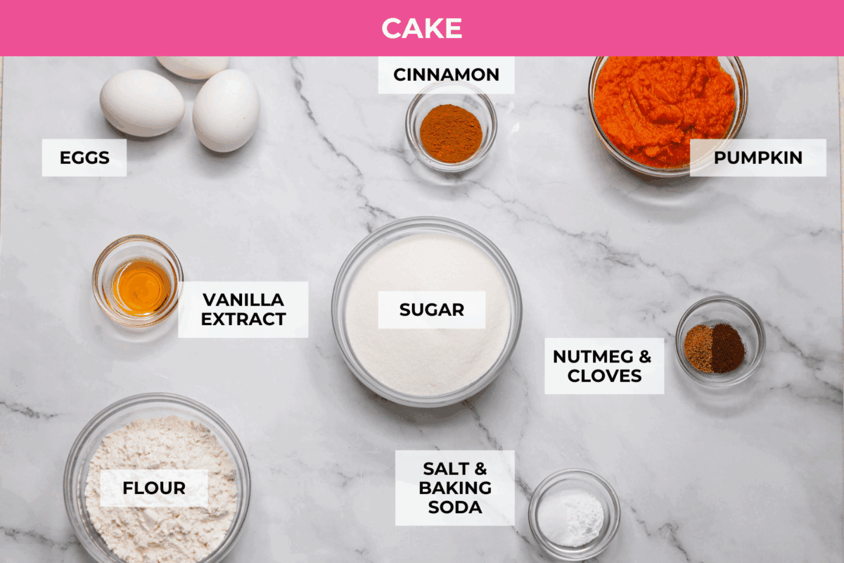 This really is the world’s best pumpkin roll! Soft, moist pumpkin cake wrapped around a sweet cream cheese filling and finished with a dusting of powdered sugar, it’s pure fall magic. The best part? It’s surprisingly easy to make. Overhead shot of labeled pumpkin roll ingredients.