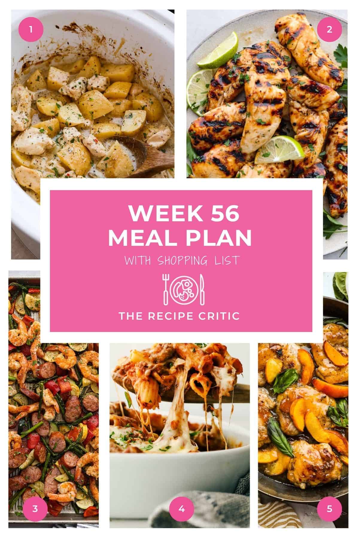 Collage of this weekly meal plan with different images of the meals on the menu. 