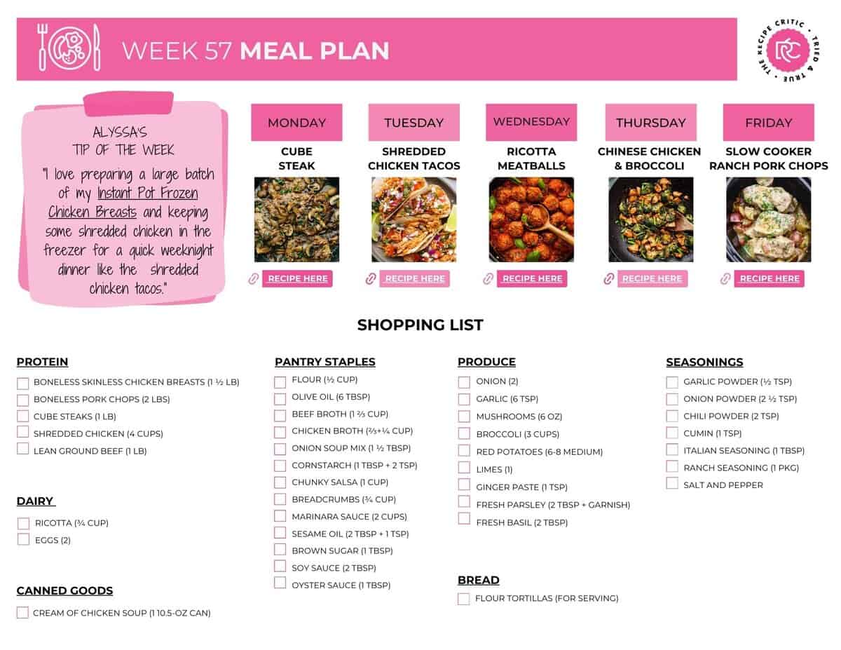 This weekly meal plan is full of hearty family favorites. They're easy, cozy dinners everyone will love and leftovers you’ll actually look forward to. Picture of the free printable shopping lis for the weekly meal plan.