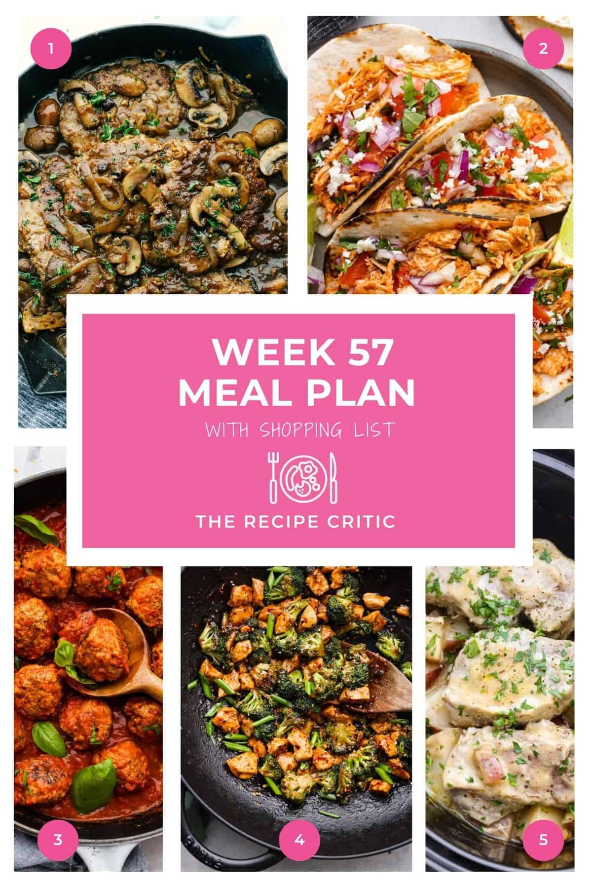 This weekly meal plan is full of hearty family favorites. They're easy, cozy dinners everyone will love and leftovers you’ll actually look forward to. Collage of the different dinner's that are in this weekly meal plan.